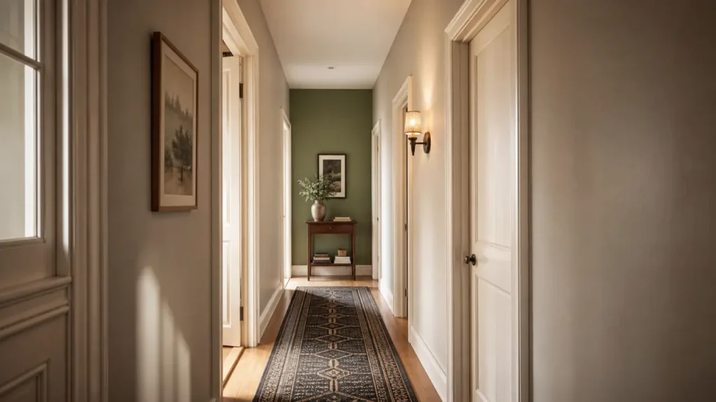 Couleur peinture pour couloir : murs beige grisé et accent vert sauge