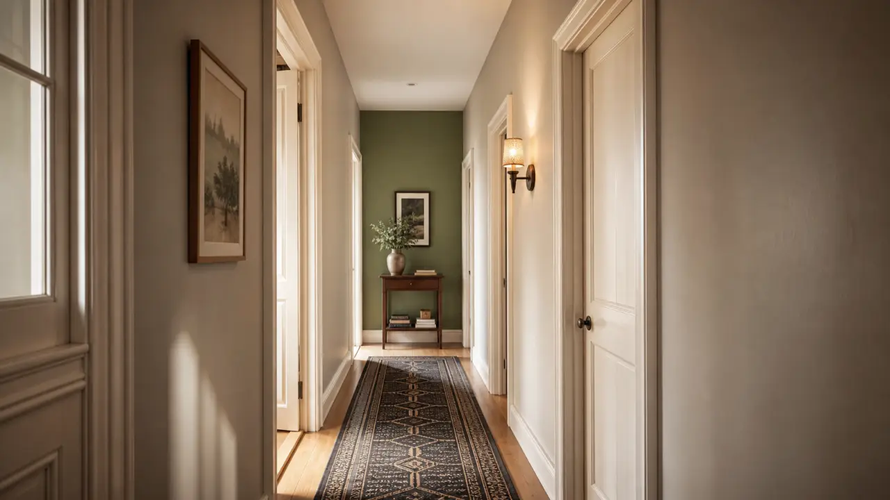 Couleur peinture pour couloir : murs beige grisé et accent vert sauge