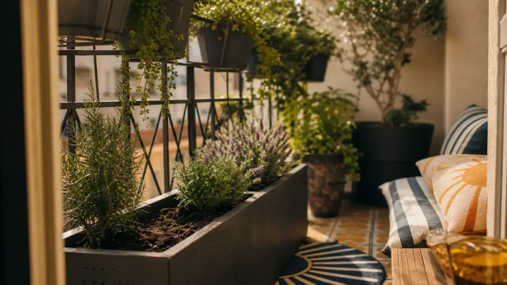 Créer un coin de verdure sur son balcon : pots, lavande et aromatiques en lumière du matin