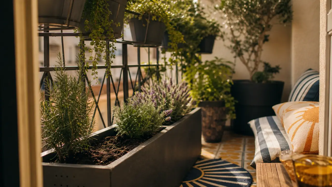 Créer un coin de verdure sur son balcon : pots, lavande et aromatiques en lumière du matin