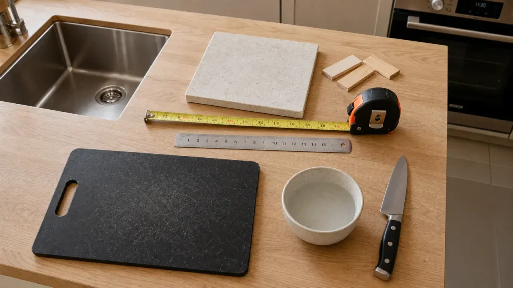 Hauteur plan de travail cuisine standard, plan de travail en stratifié et mètre ruban