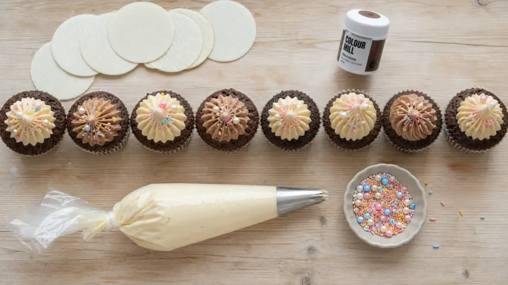 Decoration muffins au topping buttercream et sprinkles multicolores