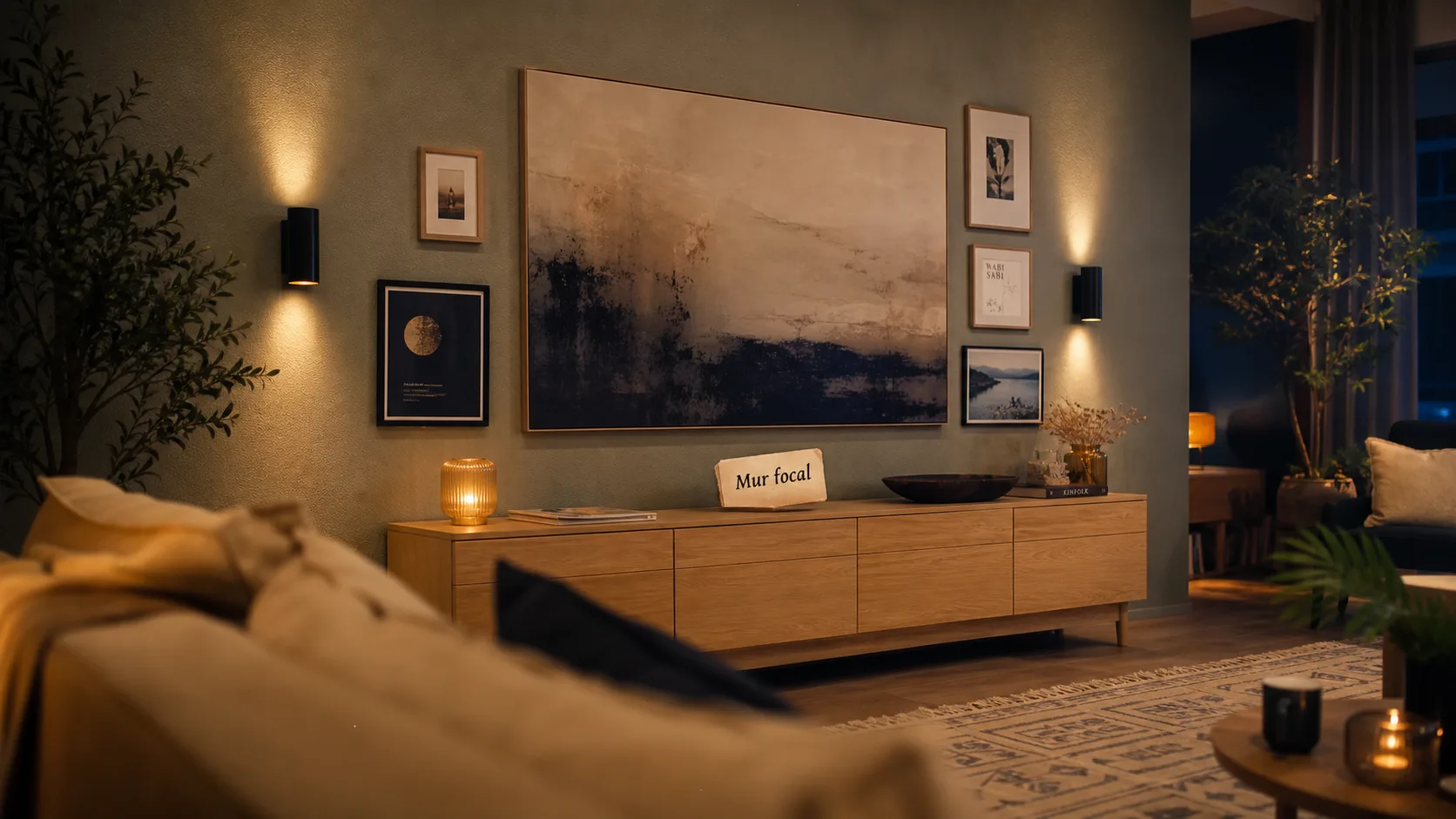 Décorer un grand mur salon : tableau XXL et cadres