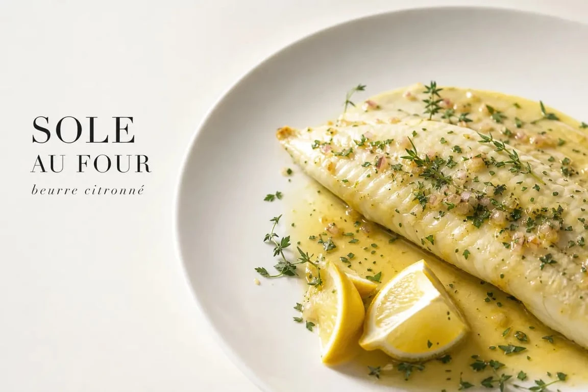 Recette sole four au beurre citronné, dressée sur assiette blanche