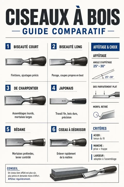 Ciseaux à bois : infographie comparative des types, usages et critères de choix
