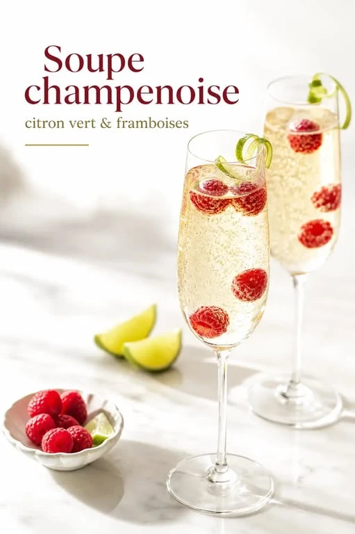 Champenoise recette de soupe champenoise servie très fraîche en flûtes, avec citron vert et framboises