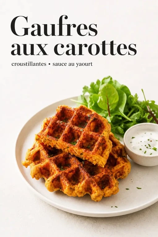 Recette de gaufres aux carottes dorées servies avec salade et sauce au yaourt