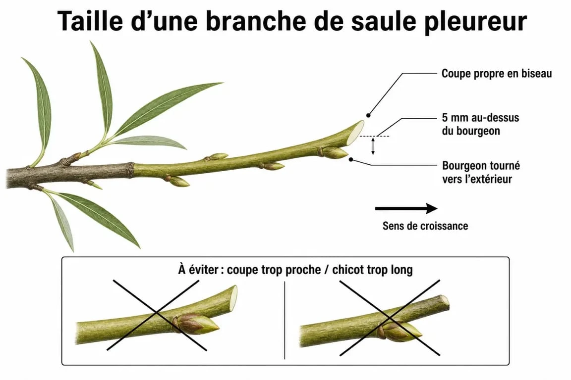 Schéma technique montrant comment tailler un saule pleureur : coupe au-dessus d'un bourgeon