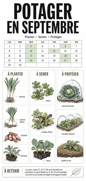 Que planter en septembre au potager : calendrier visuel des semis, plantations et protections