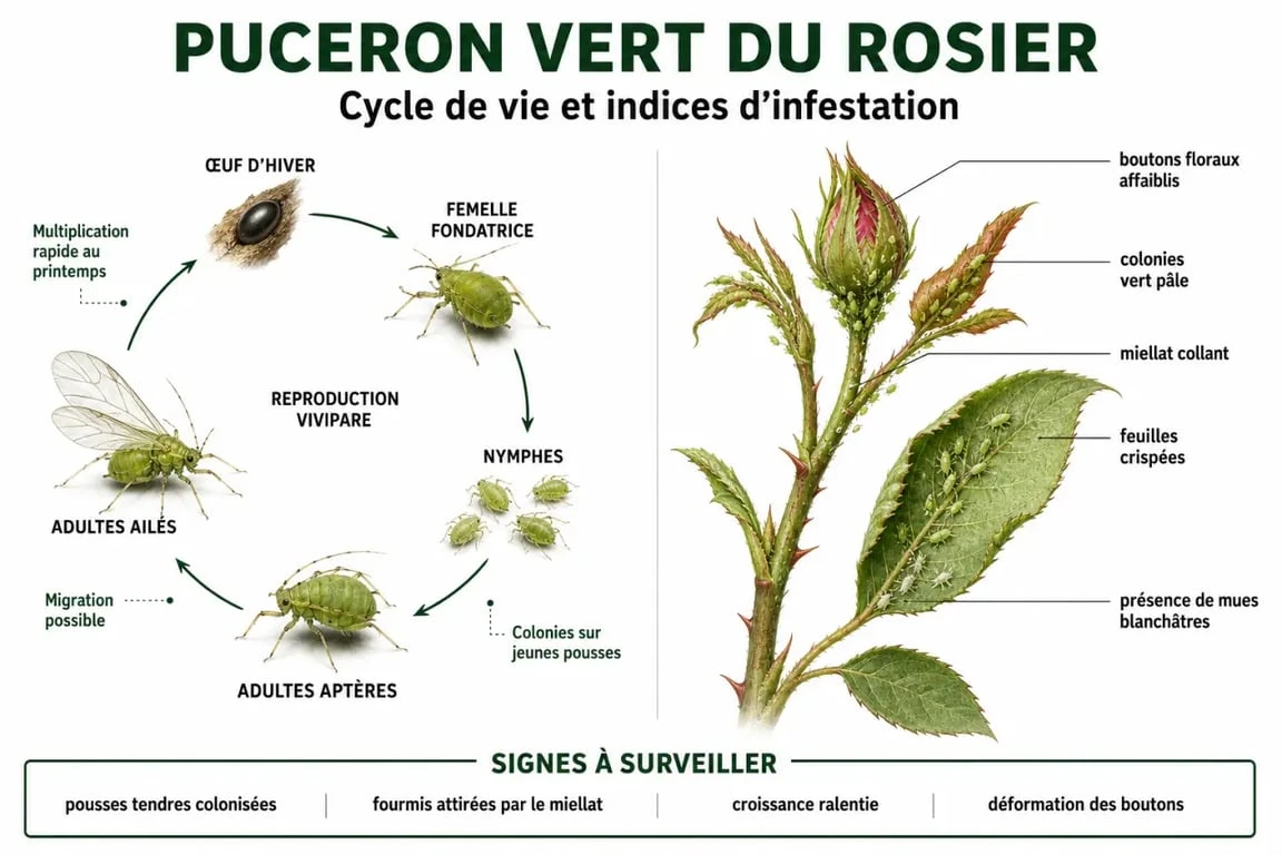 Infographie sur l'identification et le cycle de vie du puceron vert du rosier