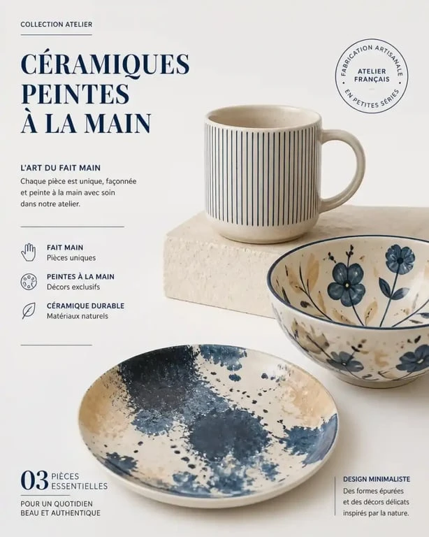 Idées de peinture sur céramique : tasse minimaliste, bol floral et assiette abstraite faits main