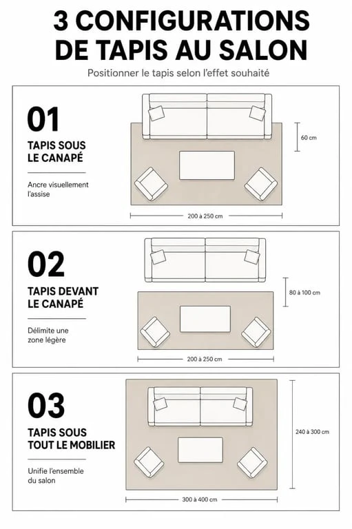 Schéma des trois positions idéales pour placer un tapis dans son salon pour structurer l'espace