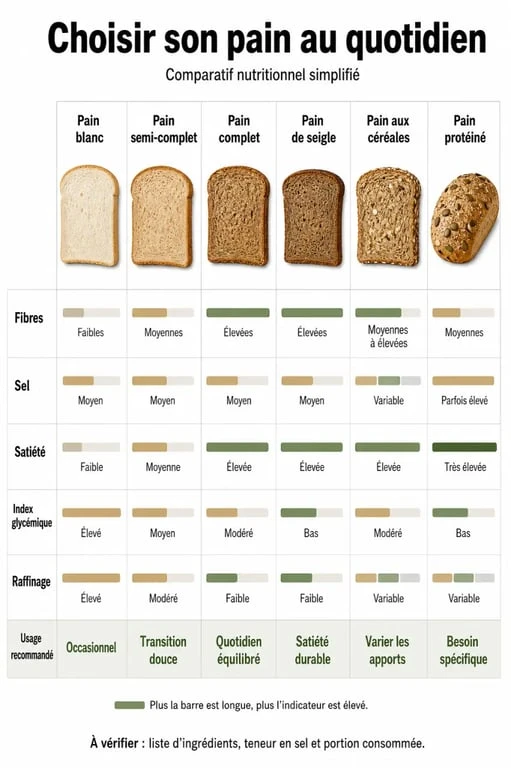 Quel pain manger : comparaison visuelle entre pain blanc, pain semi-complet, pain complet et pain de seigle