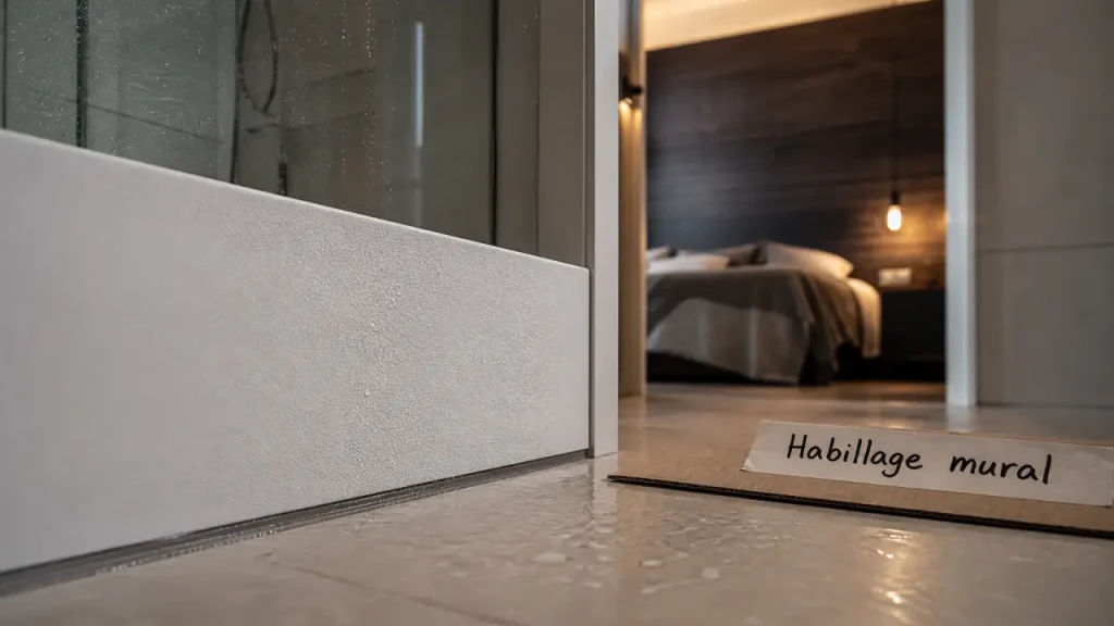 Habillage mur intérieur PVC blanc près d’une douche vitrée, effet bois au fond.
