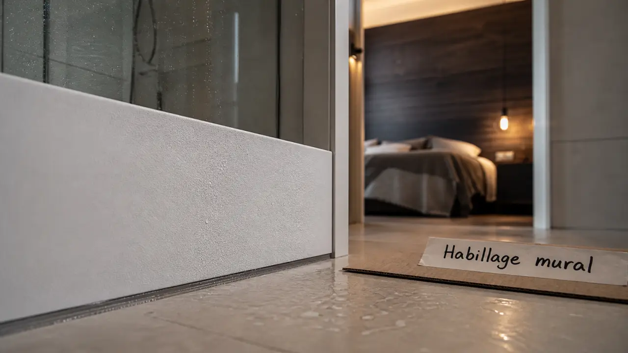 Habillage mur intérieur PVC blanc près d’une douche vitrée, effet bois au fond.