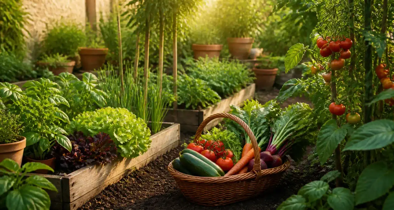 Potager au petit matin avec tomates sur pied, salades, herbes et panier de légumes fraîchement cueillis