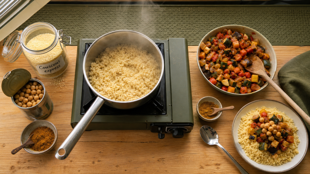 Idee repas camping car : couscous express sur réchaud, semoule et pois chiches