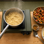 Idee repas camping car : couscous express sur réchaud, semoule et pois chiches