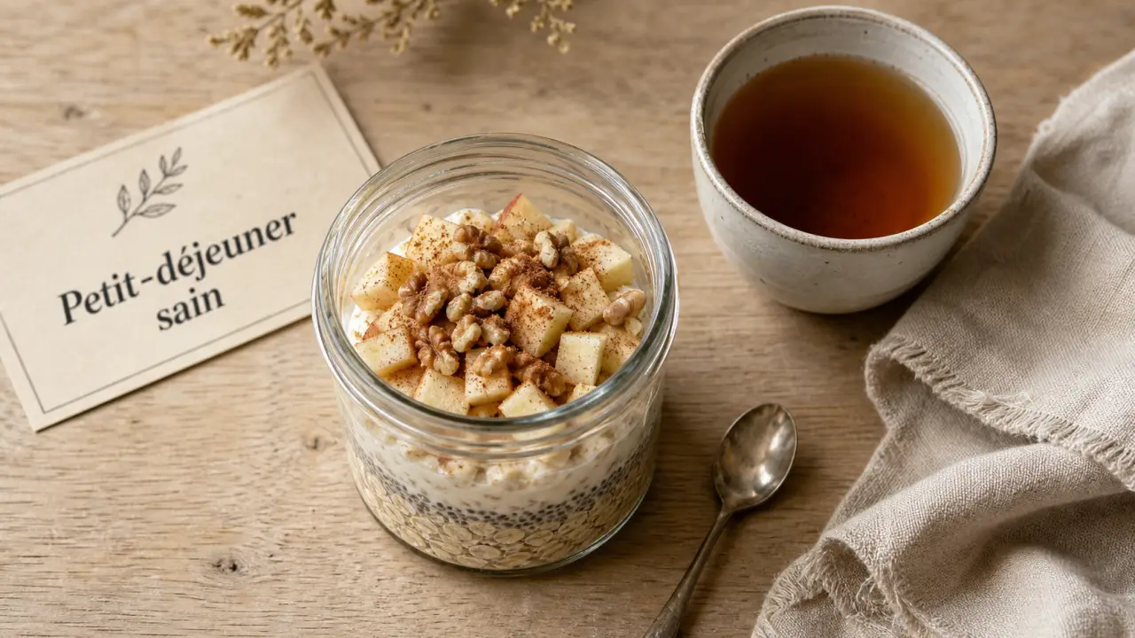 Idées de petit-déjeuner équilibré : overnight oats pommes, chia, skyr, noix