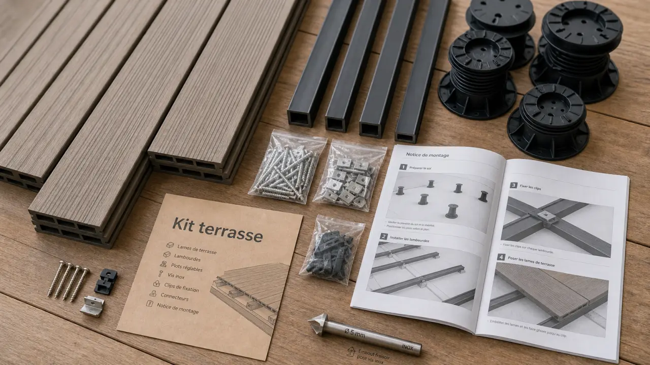 Kit terrasse bois composite ou bambou, lames et lambourdes sur table