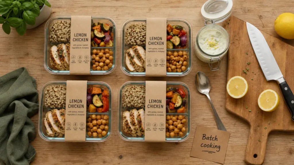 Le batch cooking pour la semaine : 5 repas, boîtes prêtes et sauce citron-yourt.