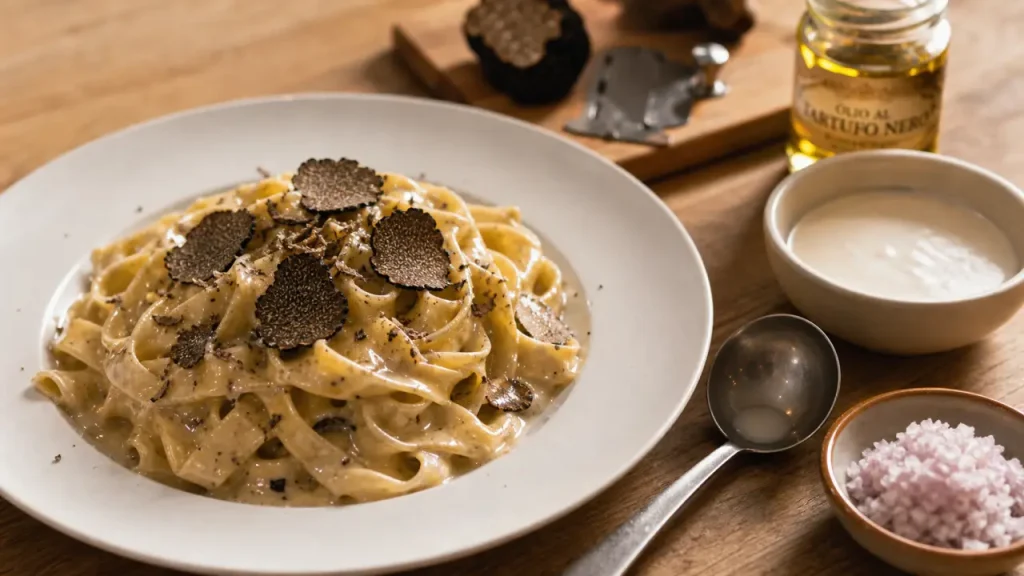 Pate a la truffe : tagliatelles crème et copeaux de truffe