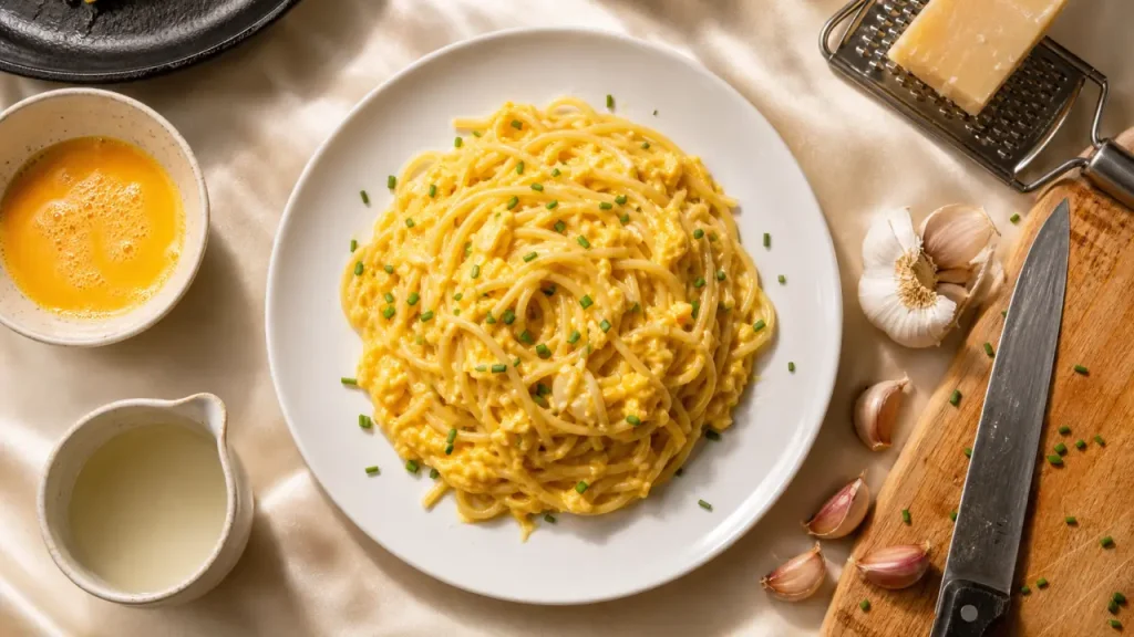 Pate aux oeuf recette : spaghettis aux œufs brouillés, poêle et bols d’œufs