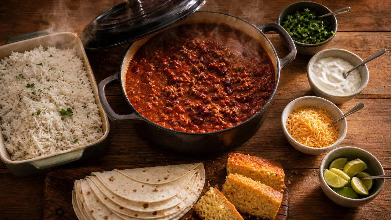 Plat unique pour 12 personnes : chili con carne dans une cocotte fumante