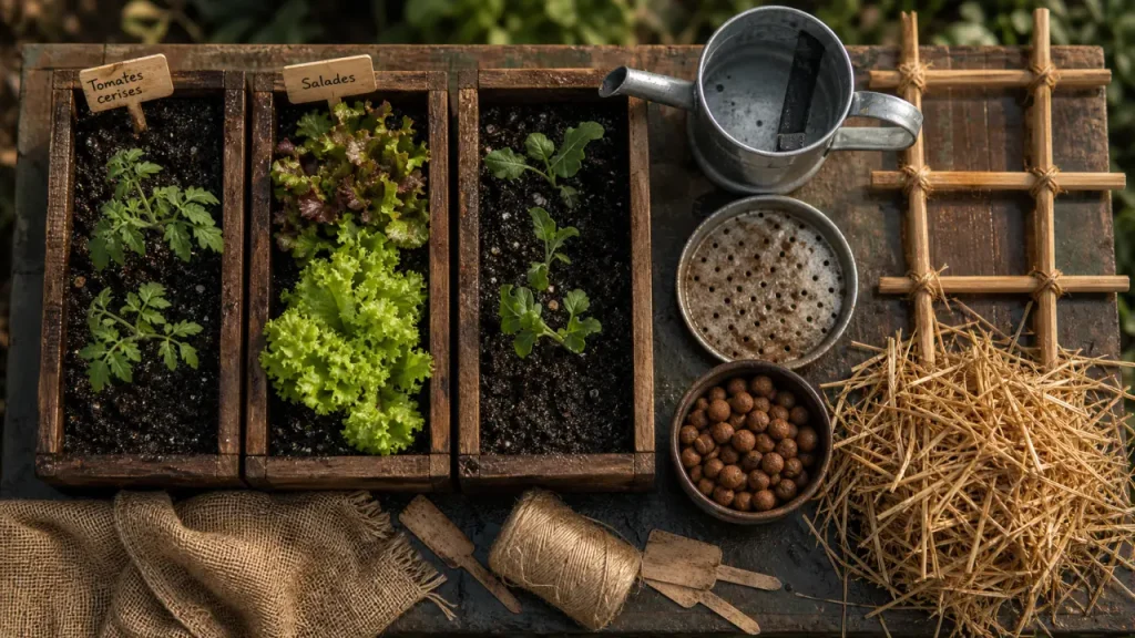 Potager sur balcon en bacs : terreau, arrosoir et étiquettes tomates cerises