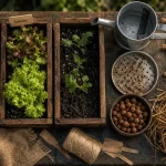 Potager sur balcon en bacs : terreau, arrosoir et étiquettes tomates cerises