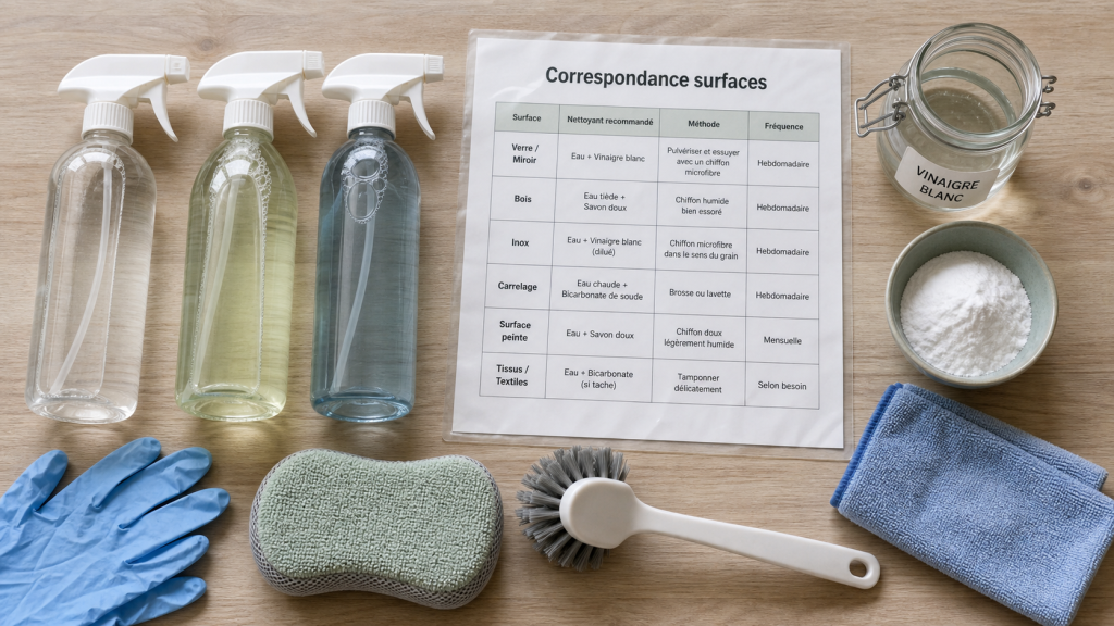 Produit menage et accessoires de nettoyage sur plan de travail