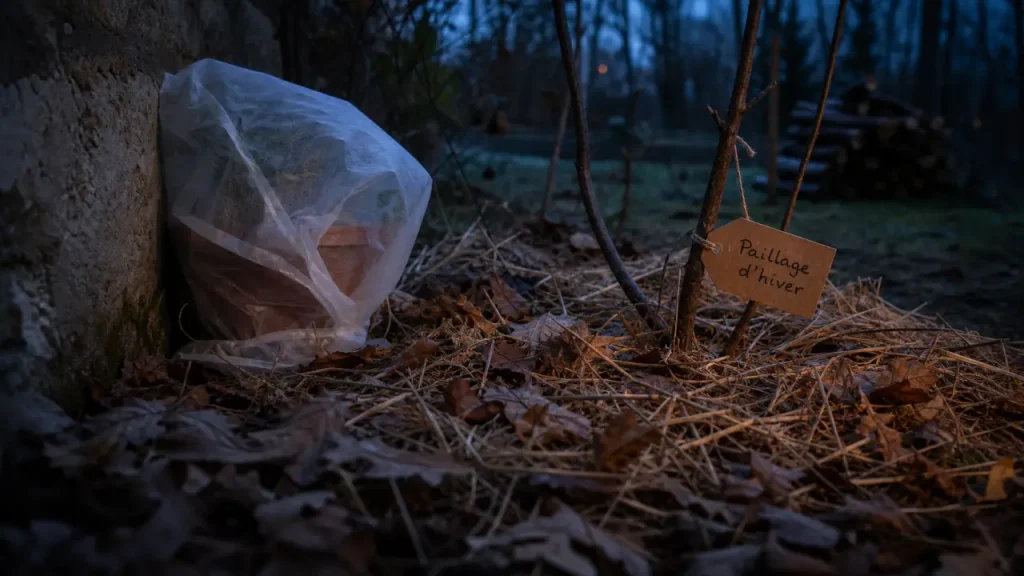 Que faire au jardin en hiver : paillage d’hiver protégeant les plantes sans toucher le collet