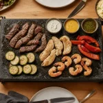Recette pour pierrade : pierre 3 mm, viandes, sauces maison à table