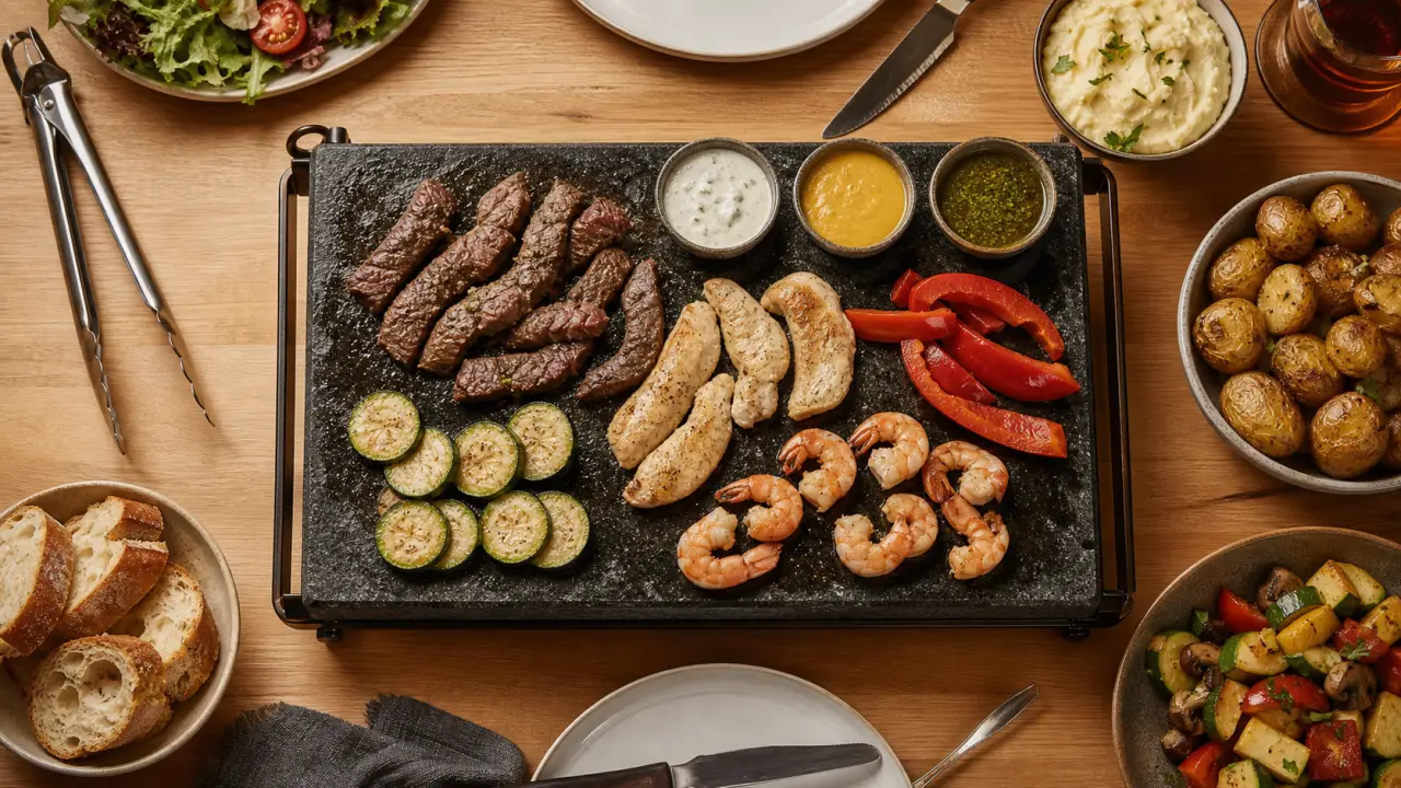 Recette pour pierrade : pierre 3 mm, viandes, sauces maison à table
