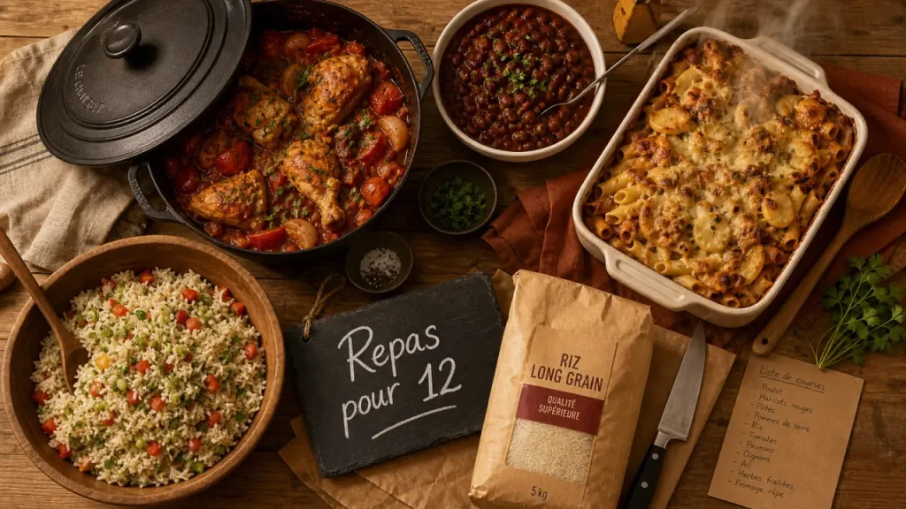 Repas pas cher pour 12 personnes : cocotte, chili et gratin, budget 48-72 €