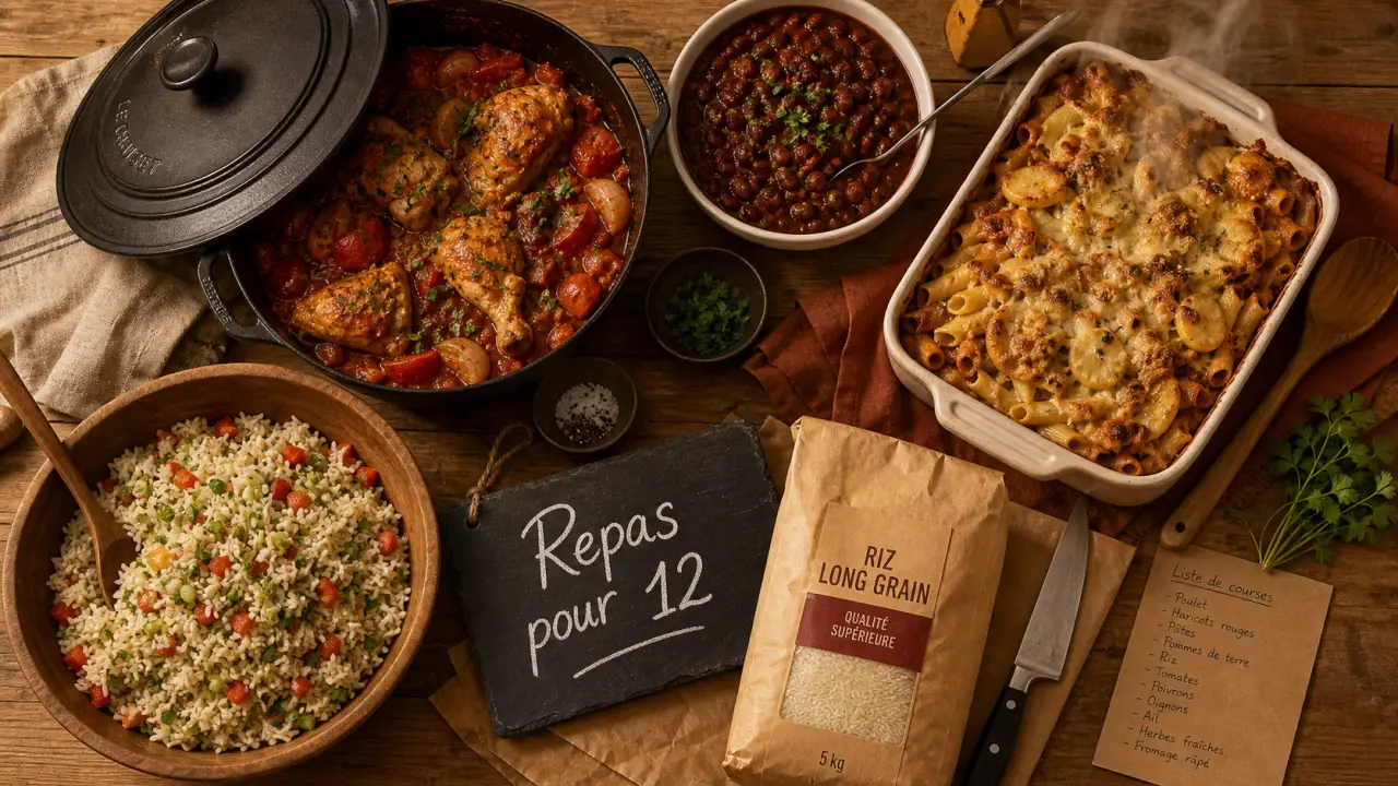 Repas pas cher pour 12 personnes : cocotte, chili et gratin, budget 48-72 €