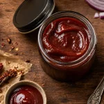 Sauce barbecue recette maison au paprika fumé, bocal et cuillère, nappe brillante