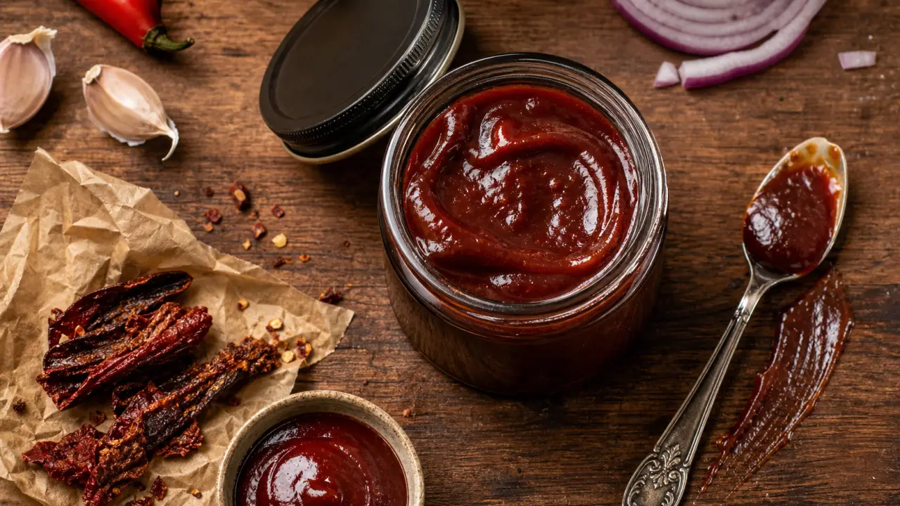 Sauce barbecue recette maison au paprika fumé, bocal et cuillère, nappe brillante