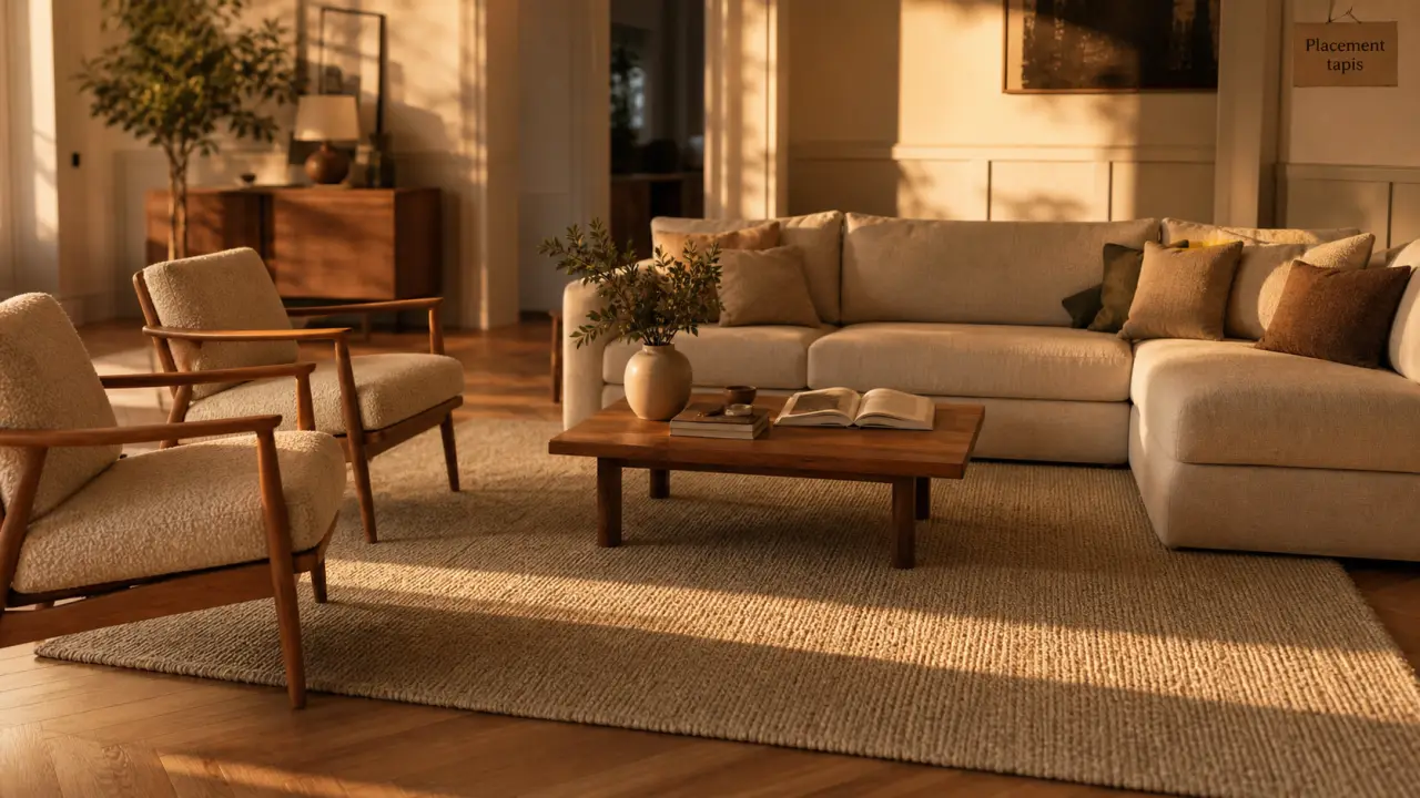 Tapis dans salon : grand tapis bien placé sous table et canapé