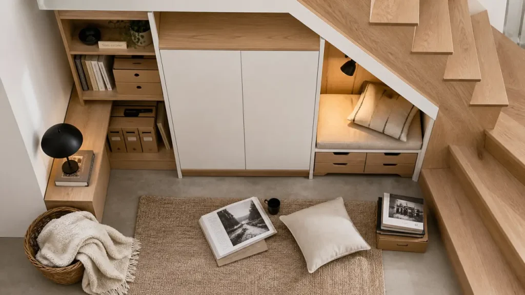 Aménagement sous escalier ouvert : rangement et bureau sous escalier quart tournant