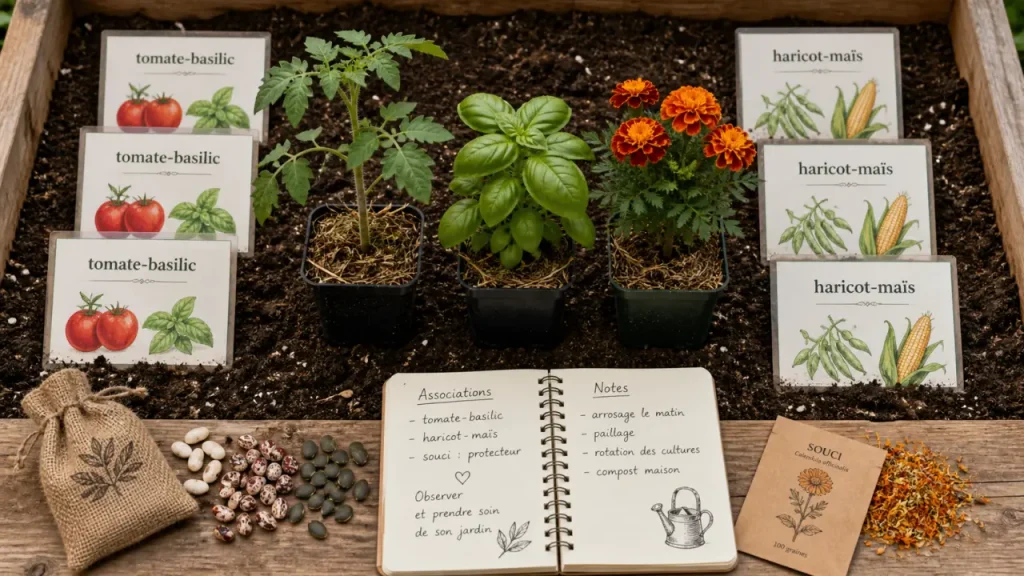 Association de plantes au potager : couples utiles (tomate, basilic, œillet d’Inde).