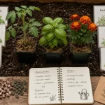 Association de plantes au potager : couples utiles (tomate, basilic, œillet d’Inde).