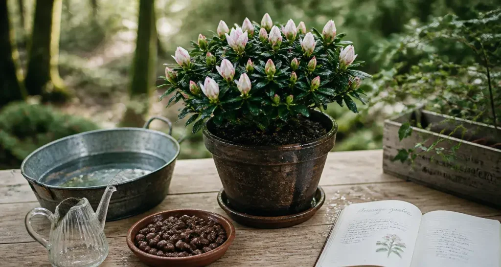 Azalée en pot feuillage vert foncé et boutons floraux