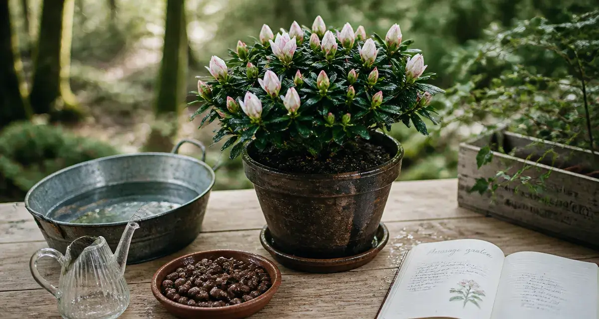 Azalée en pot feuillage vert foncé et boutons floraux