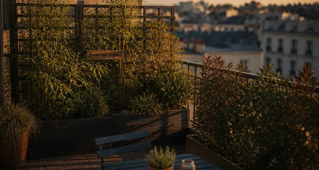 Brise vue plante dense sur balcon urbain, feuillage pour intimité