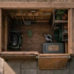 Cabane à outil de jardin en bois, porte entrouverte et rangement outils