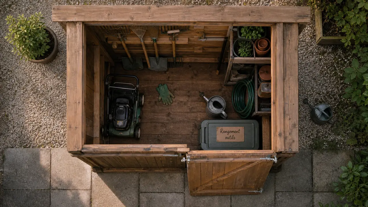 Cabane à outil de jardin en bois, porte entrouverte et rangement outils