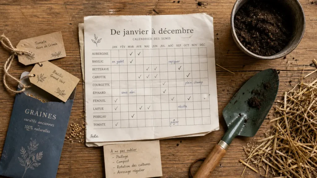 Calendrier du potager mois par mois, graines et outils de jardinage