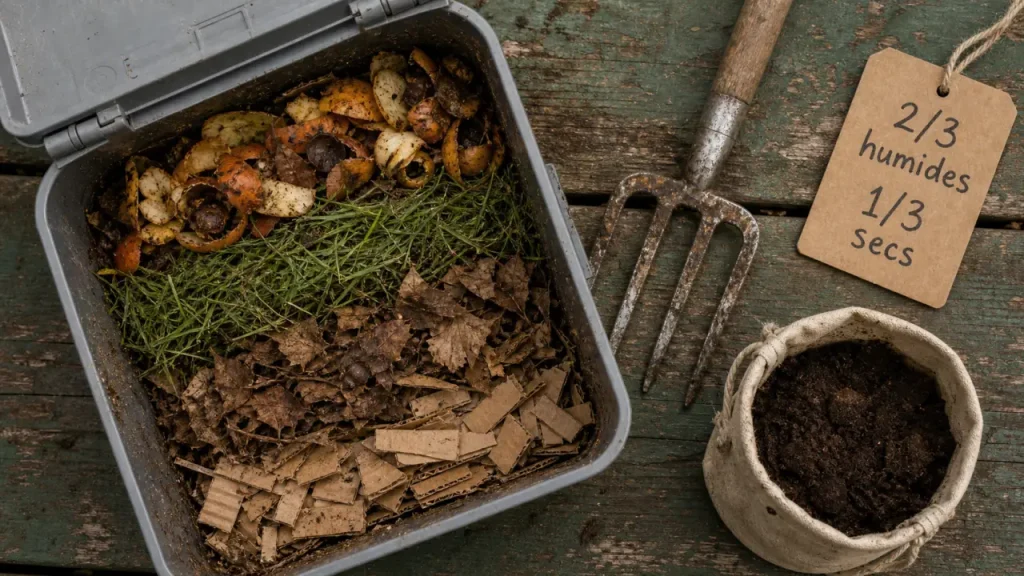 Comment faire du compost : 2/3 humides 1/3 secs, épluchures, herbe, feuilles, carton