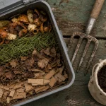 Comment faire du compost : 2/3 humides 1/3 secs, épluchures, herbe, feuilles, carton